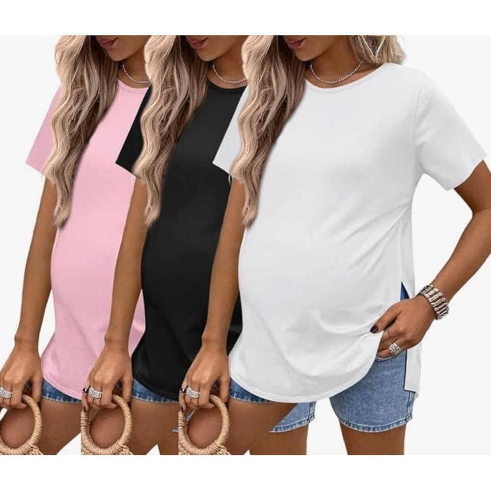 Ekouaer 3 Pack Maternity Shirts SS Split Side Tops Casual Tunic Black White Pink